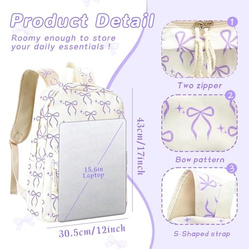 BACH AND BOUJEE Cute Bow School Backpack for Teen Girls Women Purple Bow Backpack Aesthetic School Bookbag for College Travel Office Work Coquette Bows Bookbags