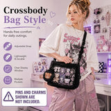Inshere Ita Crossbody Bag, Nylon Messenger Bag with Clear Display Window and Detachable Pin Display Bag, Kawaii Shoulder Purse with Multiple Pockets, Black