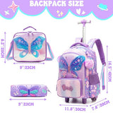 Meetbelify Girls Rolling Backpack with Wheels for Kids 3D Butterfly School Roller Backpack,Carry on Travel Luggage with Lunch Bag and Pencil Case for Girls Ages 5-12