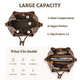 S-ZONE Genuine Leather Bucket Bags for Women Drawstring Crossbody Purses Shoulder Top Handle Handbags with 2 Straps