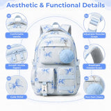 WOBAGMEN Cute Bow Backpack for Teen Girls, Large Capacity Multi-Pocket School Bag Fits 15.6" Laptop, Lightweight Durable Daypack for School and Travel (Blue Bow, M)