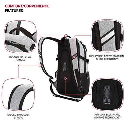 SwissGear 3598 Backpack, Narrow Daypack, Ideal for Commuting and School, Light Grey/Heather