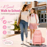 AGSDON Playful Bow Print Girls Rolling Backpack Set – 20” Roller Bookbag with Matching Lunch Box for Travel, Commute & School | Water-Resistant Fashion Wheeled Organizer in Pink