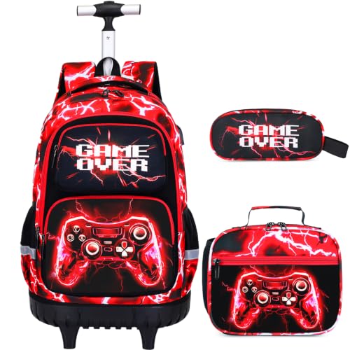Bevalsa Rolling Backpack for Boys, 3PCS Gamer Roller School Backpacks
