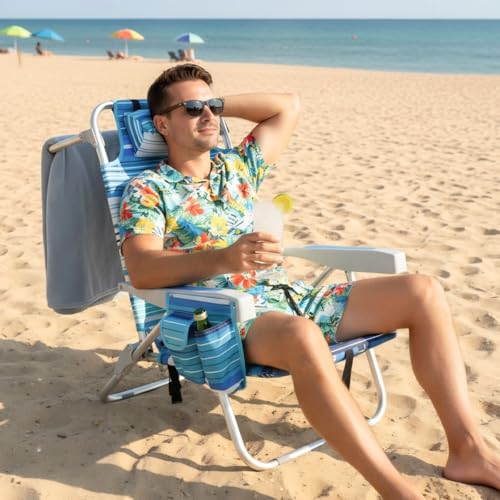 2 Pack Backpack Beach Chair for Adults Green Stripe
