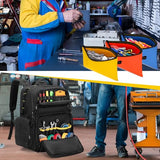 Rexmica Tool Bag Backpack for Men with 3 Tool Pouches, Heavy-Duty Tool Storage Organizer Bag with Padded Shoulder & Waist Support, Tactical Work Tool Bag for Electrician, Repairman, HVAC Techs, Black