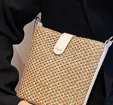 Women Straw Crossbody Bag Beach Handmade Rattan Shoulder Bags Hand Woven Leather Straps Straw Clutch Purse Vacation