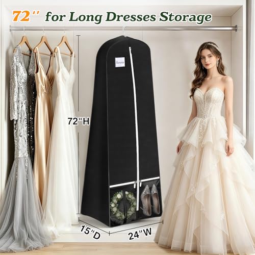 SLEEPING LAMB 72'' Bridal Wedding Gown Dress Garment Bag 15'' Gusseted Garment Cover Shoe Pockets Travel Garment Storage Bag for Prom, Evening Gowns, Black