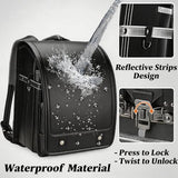 Alzoear Ransel Randoseru Backpack Semi-automatic satchel Japanese school bag for girls and boys PU leather Black