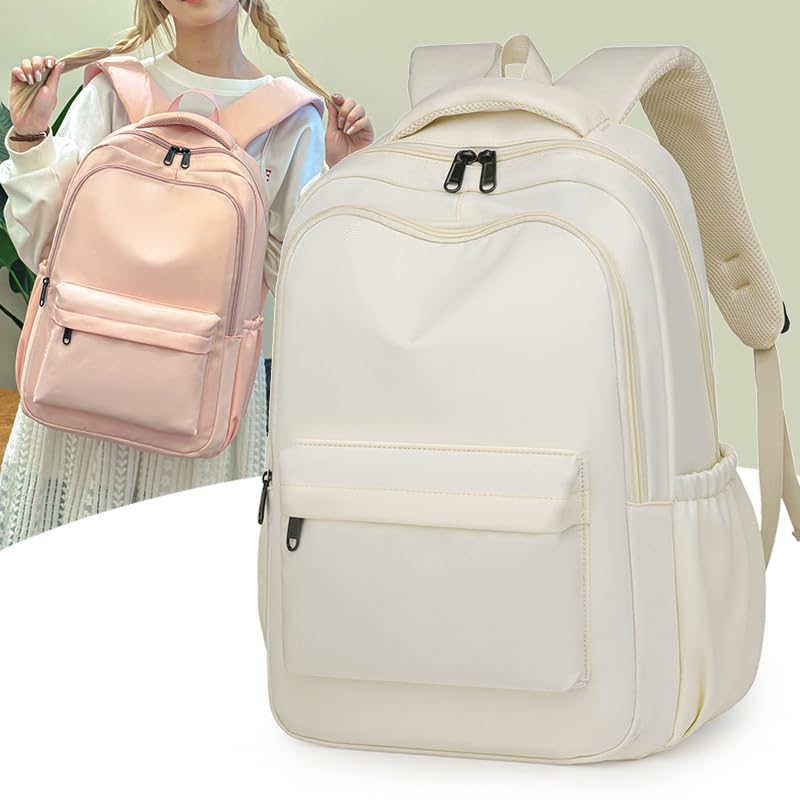 Cute College Backpack for School Aesthetic Backpack for Teen Girls Students Laptop Bag Large Capacity Bookbags Kids Travel Lightweight Backpacks for Casual Daypacks School Bag Solid Color(White)