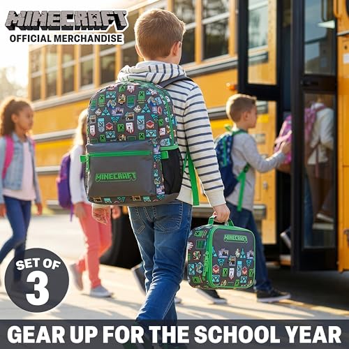 Get Trend Minecraft Kids Backpack Set for Boys with Insulated Lunch Bag & Pencil Case, 3 Pc Book Bag with Padded Straps for School, Travel, Creeper Gamer Gifts for Boys (Grey/Green Minecraft)