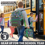 Get Trend Minecraft Kids Backpack Set for Boys with Insulated Lunch Bag & Pencil Case, 3 Pc Book Bag with Padded Straps for School, Travel, Creeper Gamer Gifts for Boys (Grey/Green Minecraft)