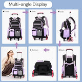 NIWEIYA Rolling Backpack for Girls Kids Trolley Rolling School Bag Wheeled Backpack for Elementary School Roller Bookbags on 6 Wheels, Black Purple