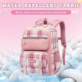 HZWLFA Kids Backpack for Girls,Cute Plaid Backpack,Preppy Bookbag for Elementary & Middle School Students,Large Capacity School Bag,17 Inch,Pink