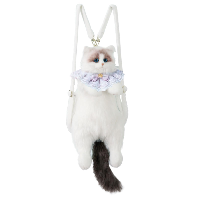 Stuffed Cat Backpack - Cute plush Backpack Toy, Handcrafted Realistic Cat Shaped Backpack, Plush Bag with Adjustable Shoulder, Crossbody, Backpack Straps (White)