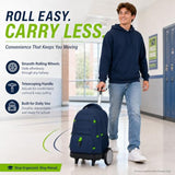 CCJPX 3Pcs Men & Boys Rolling Backpack with Bigger Wheels, Extra-Large Wheeled Bookbag with Lunch Box, Water Resistant Roller Luggage for Travel, Work, College (Blue)
