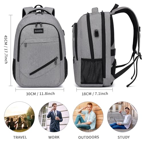 Asenlin Travel Laptop Backpack for Women & Men,Water Resistant Business Slim Sturdy Laptops Backpack with USB Charging Port,Fits 17.3 Inch Notebook College School Computer Bag-Grey