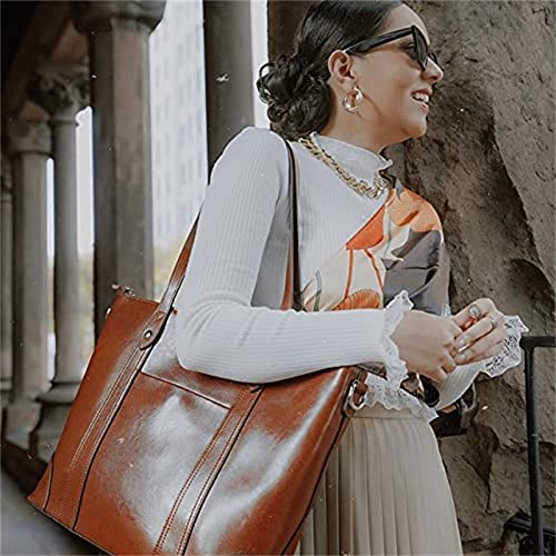 S-ZONE Leather Tote Bag for Women Office Shoulder Handbag 15.6 Inch Work Laptop Briefcase (Dark Brown)