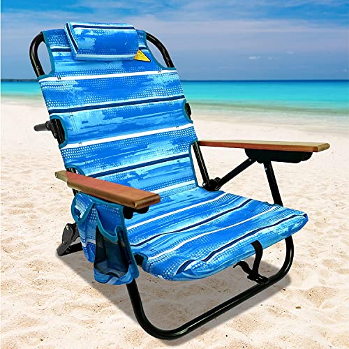 EasyGo Product Backpack Beach Chair 5 Positions and Cup Holder Pouch on Side Padded Pillow Storage Bag on Back Lightweight Rustproof Aluminum Black Frame - 1 Pack Beach Blue