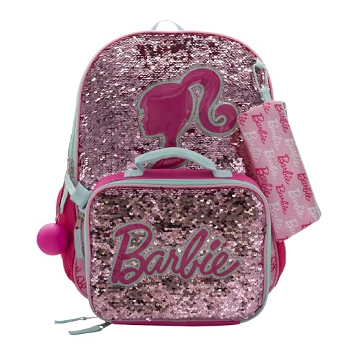 AI ACCESSORY INNOVATIONS Barbie 4 Piece Backpack Set, Sparkle & Shine with this Magic Flip Sequin School Bag for Girls with Zip Front Pocket, Pink