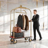 VEVOR Hotel Luggage Cart, 1200 lbs Heavy Duty Bellman Cart with Stainless Steel Frame, 8 in Rubber Wheels, Red Carpeted Deck, Commercial Luggage Carrier Rolling Trolley for Hotels, Resorts, Gold