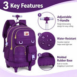 CCJPX 3PCS Rolling Backpack for Girls, Women Roller Bookbag with Lunch Box for Adults, Water Resistant Wheeled School Bag for Teens Kids Travel - Dark Purple