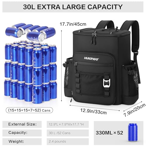 Hulongo Cooler Backpack, 30L Insulated Leakproof Soft Cooler Bag for 52 Cans, Lightweight Backpack for Beach, Picnic, Camping, Hiking, Fishing and Travel(Black)