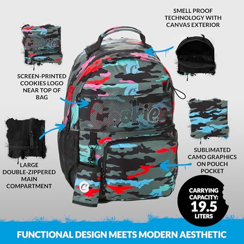Cookies Escobar Smell Proof Backpack – Odor-Blocking Travel Bag with Laptop Sleeve, Front Camo Pocket & Side Bottle Holders – Durable Streetwear Backpack for Work & Everyday Use – Green Camo