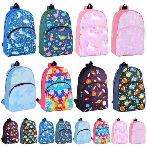 Clysee 12 Pack School Backpack Bulk 15'', Assorted Printed Bookbags for Boys Girls, Donations Supplies (Fun)