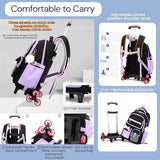NIWEIYA Rolling Backpack for Girls Kids Trolley Rolling School Bag Wheeled Backpack for Elementary School Roller Bookbags on 6 Wheels, Black Purple