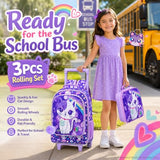 KLFVB Kids Rolling Backpack for Girls, Roller Wheels School Bag with Lunch Bag, Wheeled Sequins School Bookbag for Children - Cat
