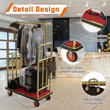Gold Hotel Luggage Cart,42"x24" Bellman Cart with Baffle Guardrail and 6In Caster Weight Capacity Up to 850LBS Provide Convenience to Guest Gold Finished Hotel Cart Add Elegance to Hotel&Resort