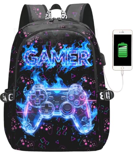 HUWAAI Cool Gaming Neon Backpack for Men Women Game Controller Lightweight College Laptop Backpacks Blue Flame Large Capacity Travel Daypack Laptop Bag with USB Charger Port