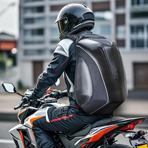 MZS Motorcycle Backpack, 48L Expandable Hard Shell Helmet Backpack for Men Women, Waterproof Motorbike Travel Back Pack Reflective Riding Storage Bag Accessories