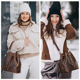 S-ZONE Genuine Leather Bucket Bags for Women Drawstring Crossbody Purses Shoulder Top Handle Handbags with 2 Straps