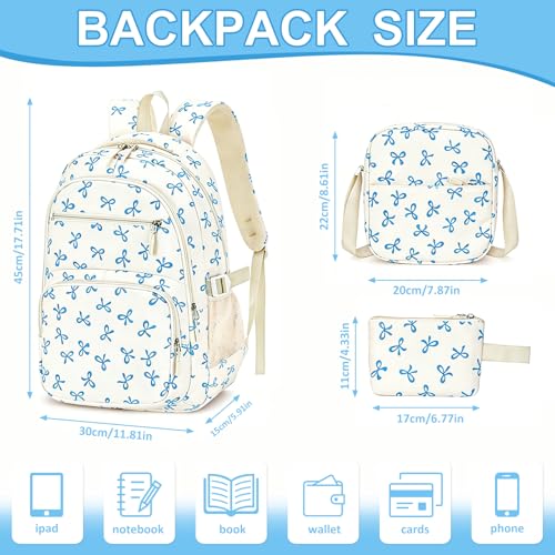 OKBXYUT Bow Backpack for Women, 3 Pcs Cute Kawaii Backpack College Laptop Rucksack Travel Daypack Coquette Aesthetic Nylon Rucksack (White Blue)