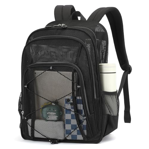 Sisipoet Mesh Backpack, Heavy Duty Mesh Bookbag for Girls Boys Kids, See Through Clear Backpacks, Net Backpack Transparent Breathable for School Beach Swim Travel Outdoor, Black