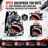 FTJCF 3Pcs Backpack for Boys, 16" Shark Kids Bookbag with Lunch Box, School Backpacks for Elementary Preschool Kindergarten (Black)
