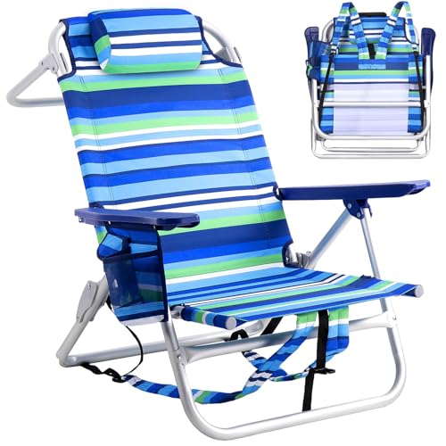 PRETZI Backpack Beach Chairs for Adults - Folding Heavy Duty Camping Chair with Storage Pouch, Cup Holder & Towel Rack, Adjustable Lounge Chair for Outdoor,Travel (1pack /Stripes_Blue&Green)