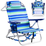 PRETZI Backpack Beach Chairs for Adults - Folding Heavy Duty Camping Chair with Storage Pouch, Cup Holder & Towel Rack, Adjustable Lounge Chair for Outdoor,Travel (1pack /Stripes_Blue&Green)