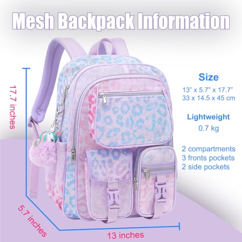 Lroiutian Mesh Backpack for Girls Boys, Heavy Duty Semi-Transparent Mesh Bookbag Womens Mens Mesh Backpacks for School, Sports, Beach, Swimming, Travel Purple Leopard
