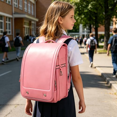 LMRENCE Ransel Randoseru Backpack Japanese School Bag for Girls and Boys Classic Backpack Waterproof PU leather