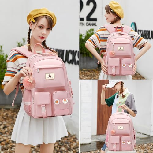 Hidds Laptop Backpacks 15.6 Inch College Backpack Elementary Middle High School Bag Large Cute Bookbags Anti Theft Travel Back Pack Casual Daypack Kids Book Bag for Teens Girls Women Students (Pink)