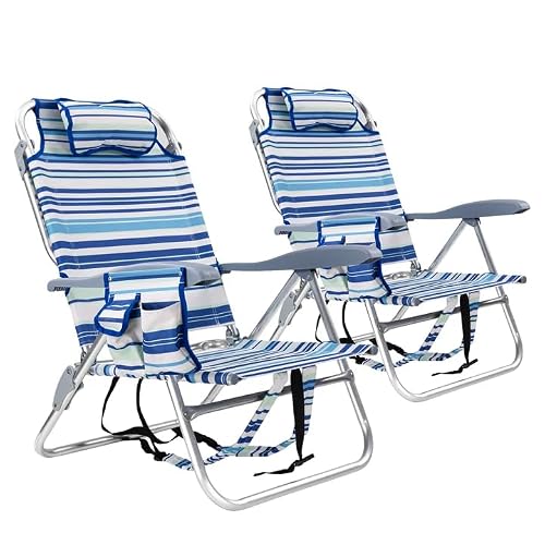 Backpack Beach Camping Chairs with 8 Positions Lay Flat, 2 Pack Lightweight Folding Beach Chair with Adjustable Headrest, Pouch, Cup Holder for Outdoor Lawn Picnic, Support 300LBS(Stripes_Blue & Cyan)