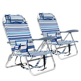 Backpack Beach Camping Chairs with 8 Positions Lay Flat, 2 Pack Lightweight Folding Beach Chair with Adjustable Headrest, Pouch, Cup Holder for Outdoor Lawn Picnic, Support 300LBS(Stripes_Blue & Cyan)