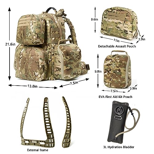 MT Military MOLLE 2 Medium Rucksack with External Frame 2.0 3Day Army Medium Ruck, Assault Backpack with medical pack for Camping, Hiking, Bug Out