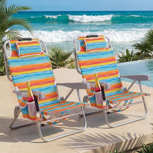 Compact Portable Beach Chairs for Adults 2 Pack, 5-Position Aluminum Lay Flat Backpack Beach Chair, Low Beach Chair with Cooler Pouch, Storage Pouch, Towel Bar, Cup Holder, Rainbow Stripe 2 Pack