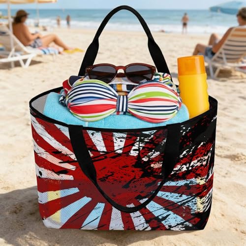 Japanese Chariot Flag Mesh Beach Bag, Red Black Flag Abstract Large Tote Bag for Swim Pool Beach Travel