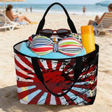 Japanese Chariot Flag Mesh Beach Bag, Red Black Flag Abstract Large Tote Bag for Swim Pool Beach Travel