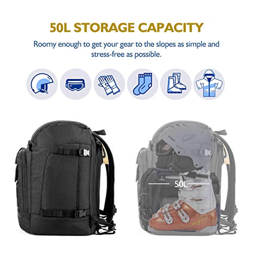 Unigear Ski Boot Bag Backpack for Helmet 50L/70L, Goggles, Gloves, Skis, Snowboard & Accessories (Black)